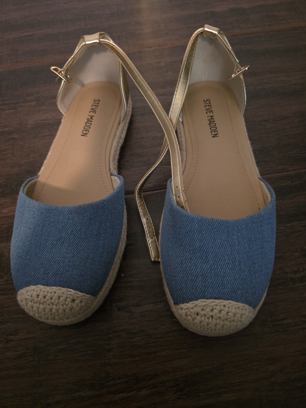 Steve Madden Blue Denim Espadrille Flats with Gold Ankle Straps